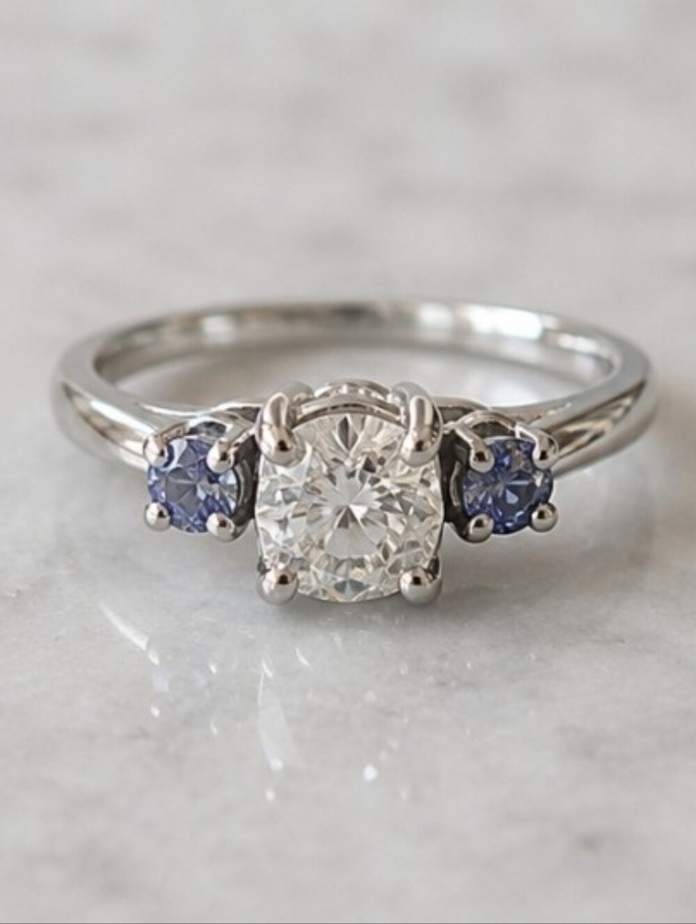 925 Sterling Silver Three Stone Ring Size 6 Blue & Clear CZ Cathedral Engagement